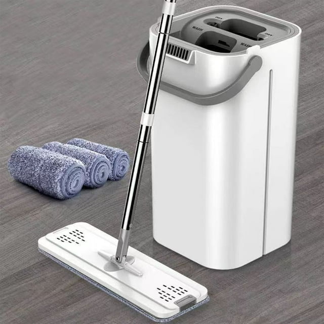EIGTHTAIL Ensemble de Vadrouille et Seau avec Essoreuse pour Nettoyage de Planchers Humides et Secs Comprend 4 Tampons en Microfibre Réutilisables