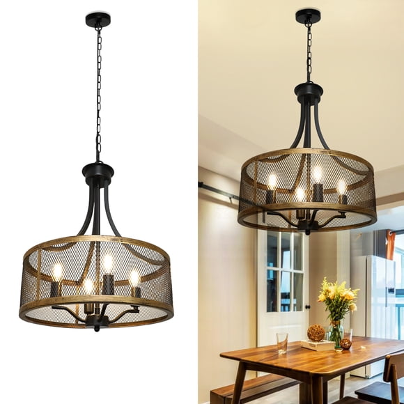 Depuley 4-Light Industrial Pendant Light, Farmhouse Chandelier, Vintage Ceiling Light Fixture, Adjustable Island Hanging Light for Kitchen, Dining Room, Bar, Living Room, Black & Golden, E12 Base