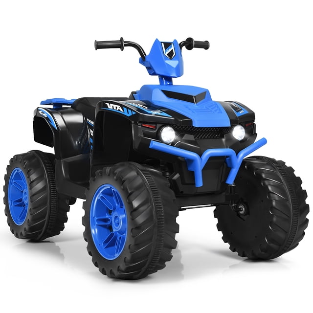 Costway 12V Kids 4-Wheeler ATV Quad Ride On Car in navy, featuring a rugged design with four large, wear-resistant wheels and bright LED headlights. The ride-on includes a high/low speed switch, forward/reverse switch, and built-in music and stories for entertainment. It also has a USB slot and Bluetooth compatibility for additional audio options. Suitable for children aged 3-7 years, it offers a safe and stable ride on various surfaces like wood floors, cement roads, and beaches.