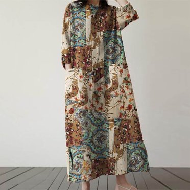 Meichang Retro Dresses for Women Plus Size Cotton Linen Maxi Dresses Vintage Print Crew Neck Long Sleeve Dresses Loose Casual Beach Vacation Dresses with Pockets Khaki XXXXXL