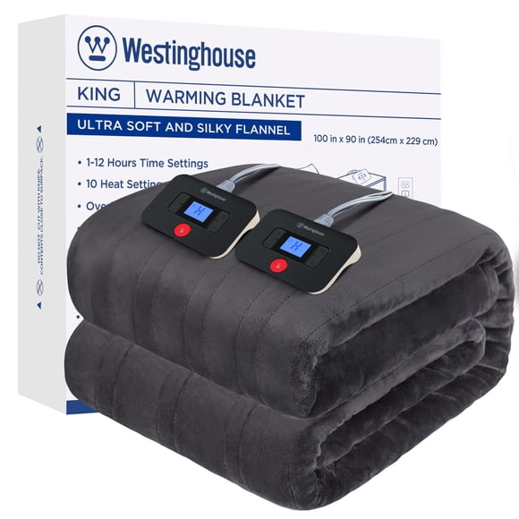 Westinghouse Electric Blanket King Size Super Cozy Soft Flannel 100"" x 90"" Heated Blanket with 10 Fast Heating Levels & 1-12 Auto-Off Machine Washable ETL&FCC Certification Charcoal