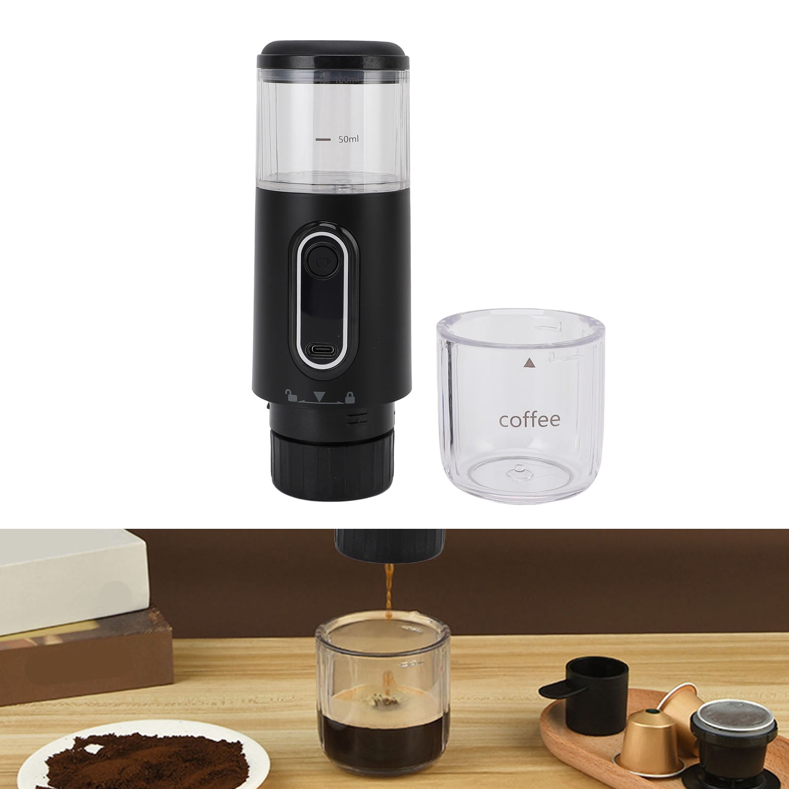 Portable Electric Espresso Machine, Rechargeable Travel Coffee Maker, Handheld Car Coffee Maker for Camping Hiking Office Powder and Capsules Compartment