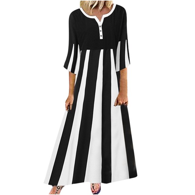 Cameland Robe Midi Ample à Manches Mi-Longues d'Été Décontractée à Rayures Imprimées pour Femme