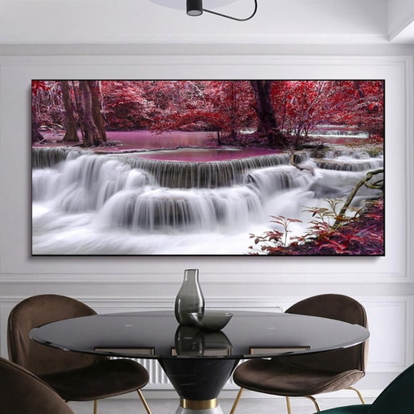 Waterfall Canvas Wall Art Purple Trees Forest Landscape Painting Picture Prints Black And White Purple Bathroom Bedroom Decoration without Framed - 20 x 40Inch