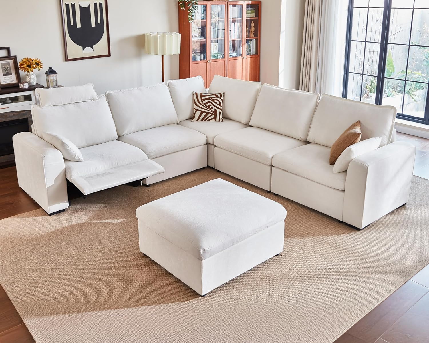 BEDEEP 120'' Power Recliner Sofa with Headrest Console, Moduar Cloud Sectional Chenille Reclining Couch with Storage Ottoman Chaise, Convertible 6-Seater Sofa Couch for Living Room RV, White
