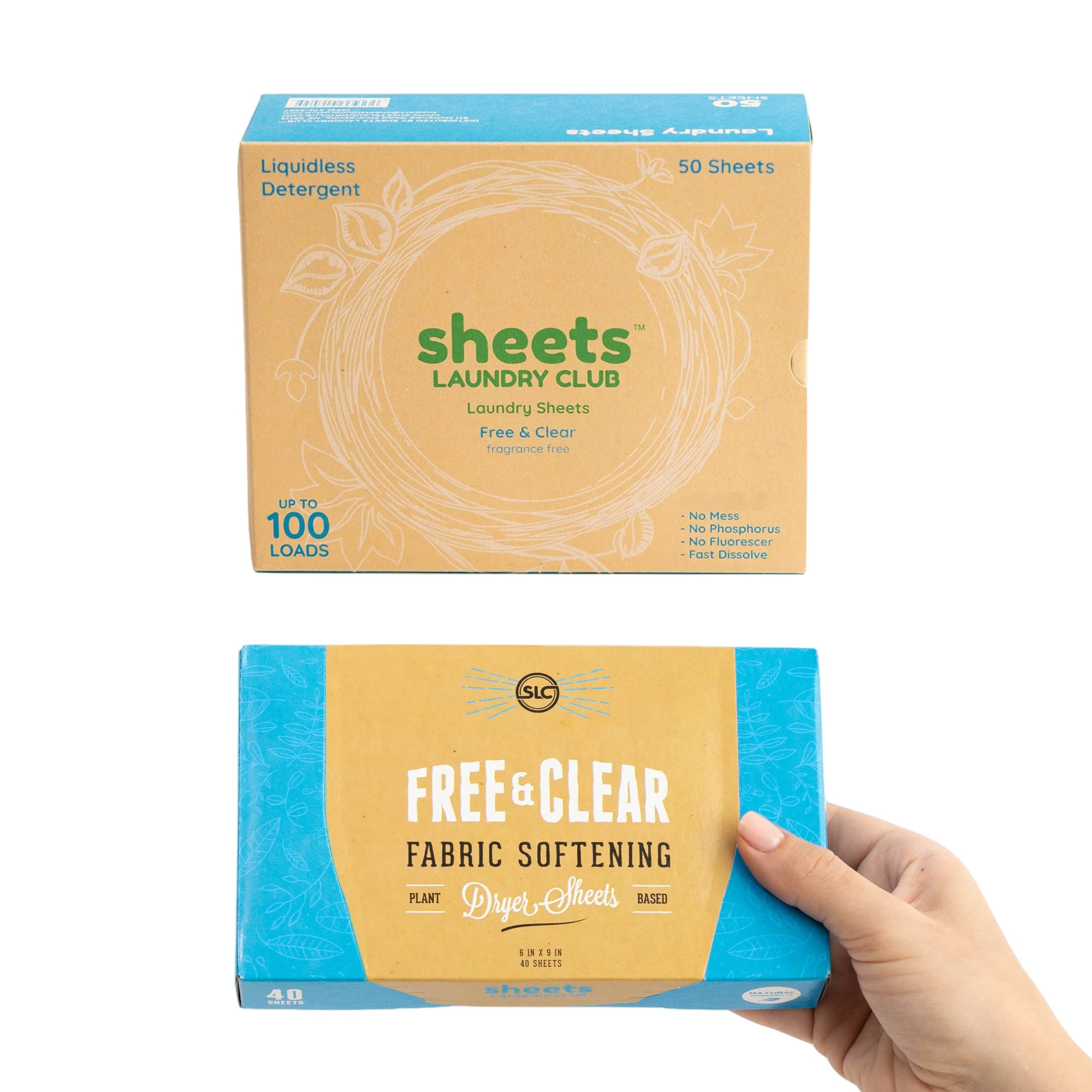 Sheets Laundry Club Bundle - 50 Pack (Up To 100 Loads) Fragrance Free Detergent Sheets & 40 Pack Free & Clear Dryer Sheets - New Liquidless Technology Travel Essential Cleaning Supplies