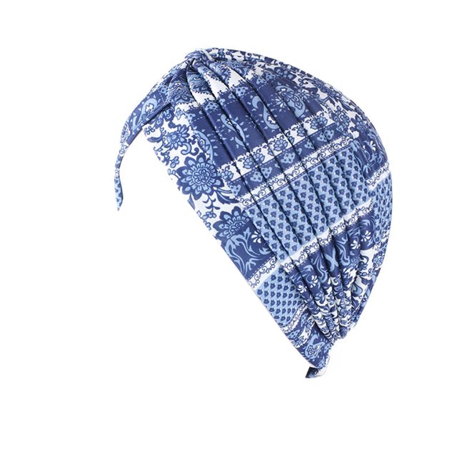Turban pour Femmes en Polyester Réutilisable Lavable Pliable Casquette Décorative Intérieur Extérieur Marche Travail Bonnet de Tête Tuque Bleu Foncé Floral