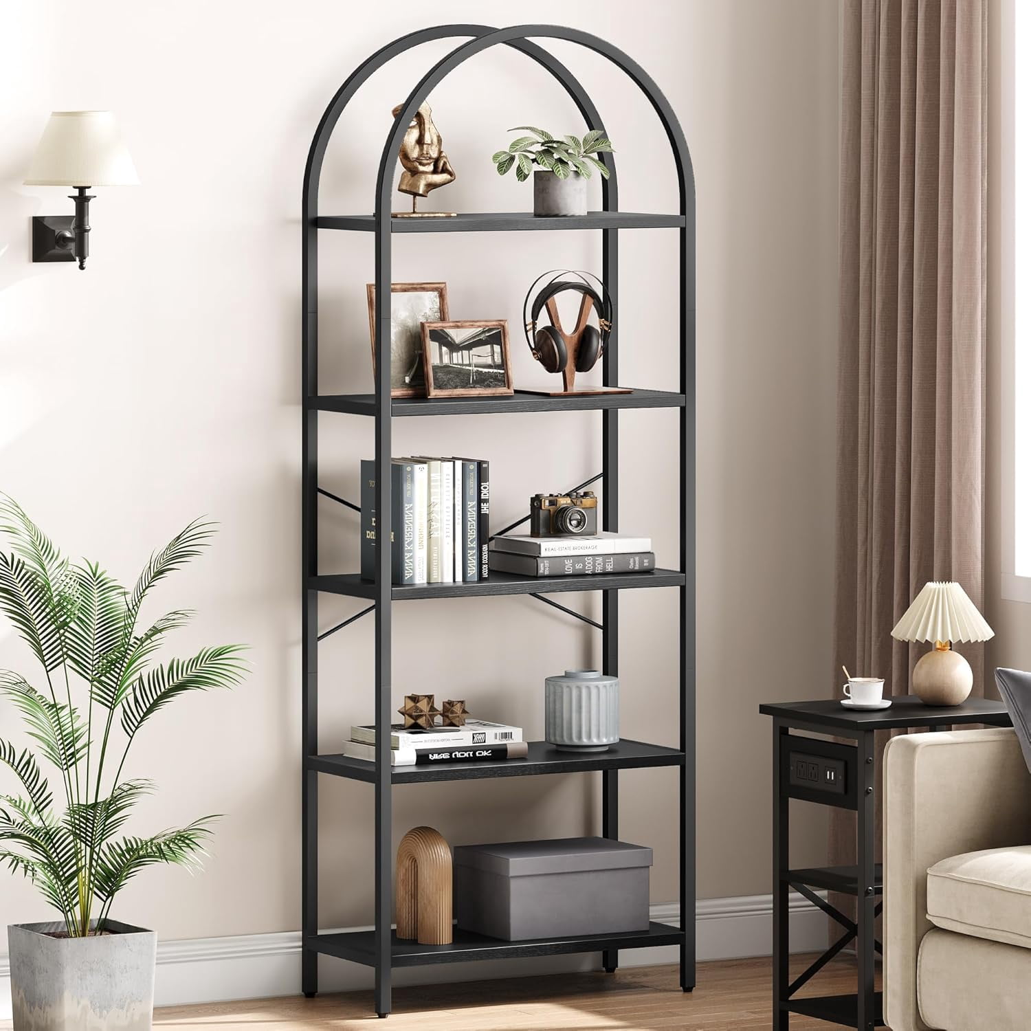 Ourlova Arched 5 Tier Bookshelf Modern Bookcase with Gold Metal Frame Tall Wood Storage Shelf for Living Room Bedroom Home Office Easy Assembly Black
