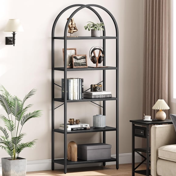 Eastvita Modern Arched 5-Tier Bookshelf with Gold Metal Frame - Tall Wood Storage Shelf for Living Room/Bedroom/Home Office/Easy to Assemble (Black)