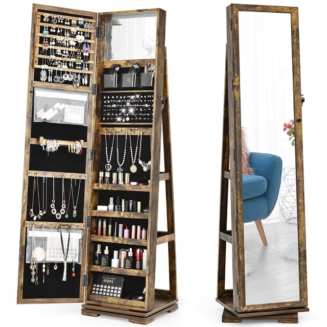 Giantex 360° Rotating Jewelry Armoire with Full Length Mirror and Inside Makeup Mirror in coffee finish. This freestanding armoire features a full-length mirror on the front and an interior with ample storage, including 120 earring slots, 54 stud holes, 78 ring slots, 24 necklace hooks, a bracelet bar, 5 storage racks, 3 acrylic storage boxes, and 2 dust-proof storage pockets. The interior also includes a makeup mirror for convenience. The 360° rotating base allows easy access to stored items, while the lockable design ensures security. The armoire is made of P2 MDF with a soft velvet lining to protect jewelry and has three-tier shelves on the back for additional storage. Dimensions: 15 x 15 x 63.5 inches.
