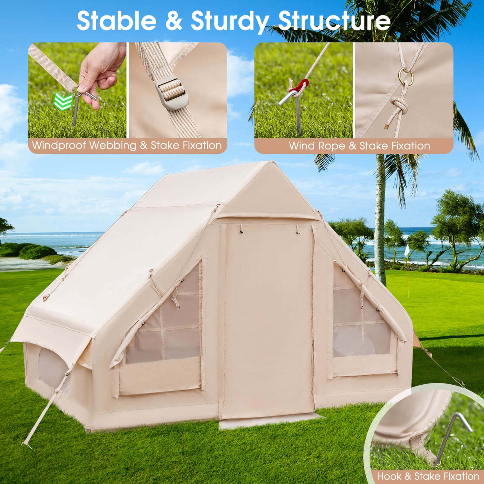 COSTWAY Tente Gonflable 2-4 Personnes – 210x210x180 Cm, Oxford Et PVC, Avec Pompe, Fenêtres Filetées, Rideaux, Sac De Transport