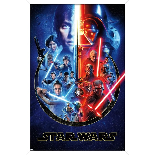 Star Wars - Skywalker Saga Wall Poster, 22.375" x 34" with a split blue and red design. The blue side features characters with blue lightsabers and blasters including Yoda, C-3PO, and R2-D2 against a starry space background. The red side shows characters with red lightsabers and helmets like Darth Vader and Kylo Ren, with the Death Star and Star Destroyers. The Star Wars logo is at the bottom in yellow outlined text. Ideal for decorating rooms and fan collections.
