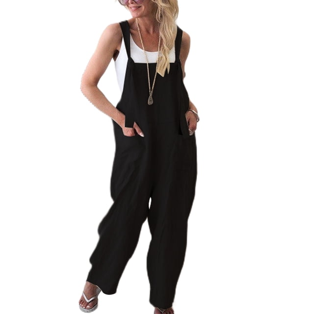 MAWCLOS Ladies Romper Sleeveless Jumpsuits Solid Color Overalls Boyfriend Summer With Pockets Trousers Black XL