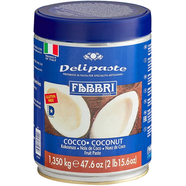 Fabbri Delipaste 1.35 kg Coconut Flavoring Paste in a resealable tin with a blue label featuring coconut imagery. Ideal for creating gelatos, ice creams, sorbets, and pastries, this gluten-free paste offers a natural coconut flavor and aroma. Made in Italy.