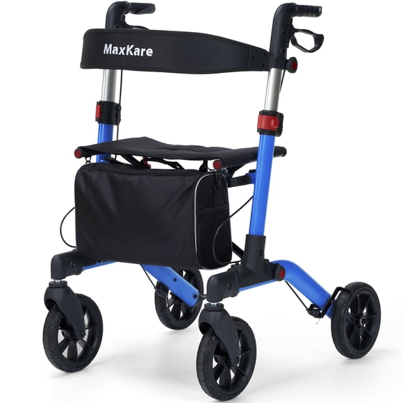 MaxKare Rollator Walker with 8” All Terrain Wheels, 8 Level Adjustable Handle, Foldable Walkers for Seniors with Seat & Backrest, Up to 300 Lbs, Blue