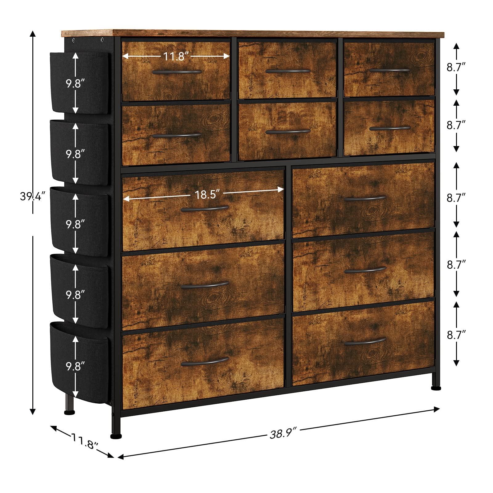 BeesClover Dresser for Bedroom, Tall Storage Dresser with 12 Drawers & Side Pockets, Fabric Chests of Drawers Organizer