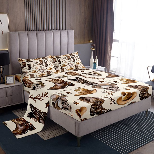 Erosebridal Gothic Skull Bed Sheets Set Twin Size, Western Boot Bed Sheets Twin, Rustic Room Decor 3 Pieces