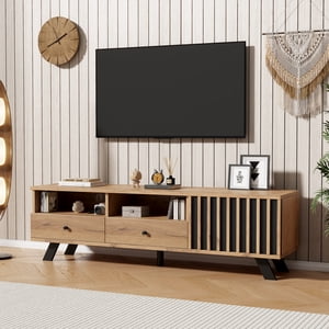 TV Stand with 1 Door 2 Drawers, open shelving, Wood-Grain Finish, TV Storage Cabinet, TV Entertainment center for livingroom bedroom, Media Console, TV unit, 59*14.9*17.3 inches, up for 65 inch TV