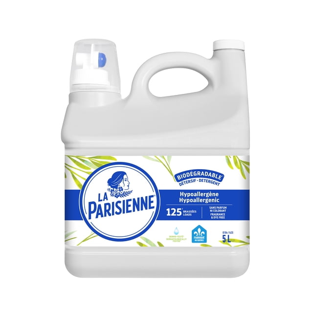 La Parisienne Hypoallergenic Laundry Detergent in a white 5 L jug with handle and blue label featuring green leaf accents, biodegradable and fragrance- and dye-free formula for 125 loads, suitable for sensitive skin and all washer types including HE.