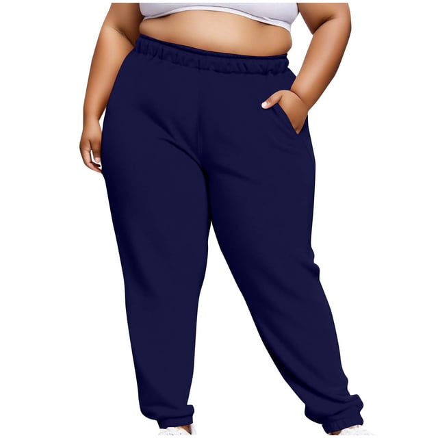 Women's Plus Size Pants High Waisted Drawstring Solid Color Sweatpants Elastic Taper Leg Lounge Joggers Pant Dark Blue XL