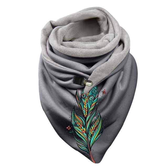 Women Feather Print Cotton Winter Warm Button Up Scarf