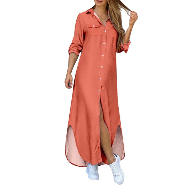 2025 Robes d'Été pour Femmes à Revers avec Boutons, Robe Chemise Fendue Décontractée, Robe d'Été Ligne A, Robes de Plage pour Femmes, 224 Robes Maxi de Vacances pour Femmes, Robes Maxi