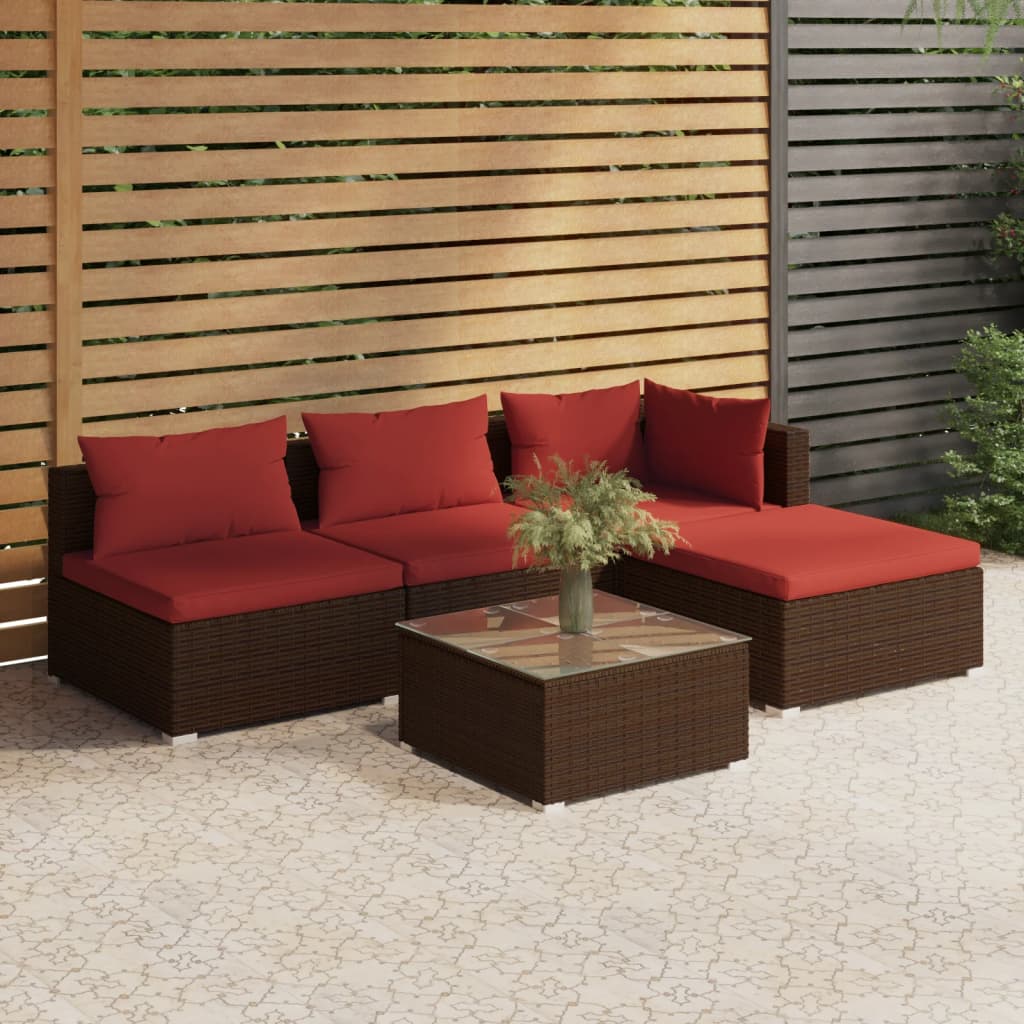 vidaXL 5 Piece Garden Lounge Set with Cushions Poly Rattan Brown
