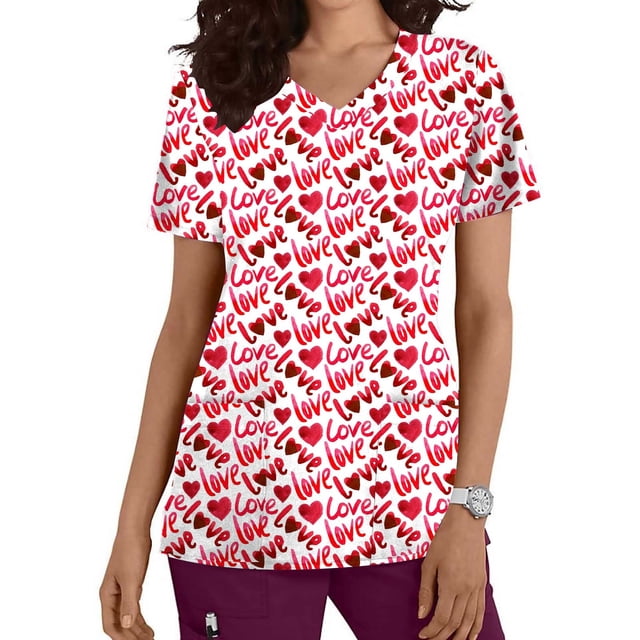 TIMIFIS Haut de Sarrau Rouge Femme Imprimé Manches Courtes Col en V Hauts Uniforme Saint-Valentin Imprimé Poches Blouse Soins Infirmiers avec Poches-Rouge Imprimé