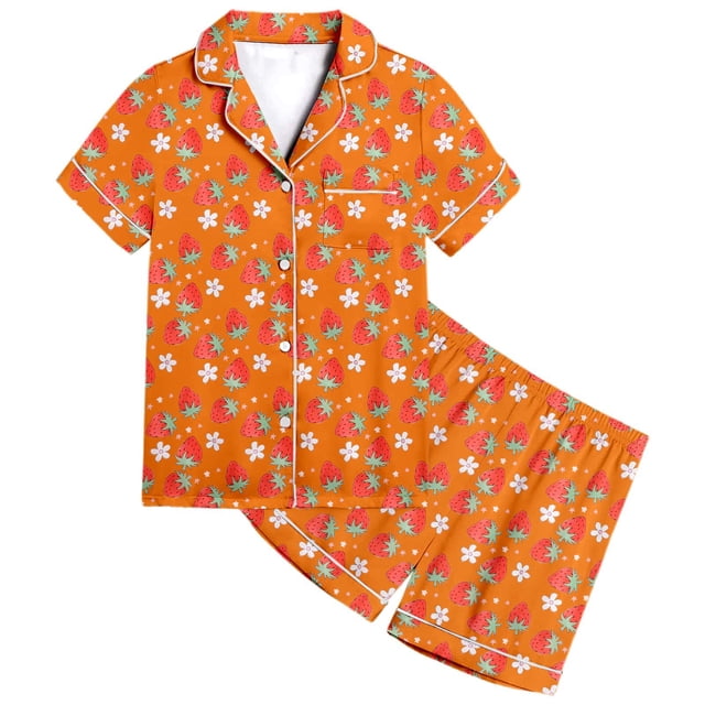 Luvoko Tween Strawberry Pattern Kids Boys And Girls Pattern Printed Short Sleeve Button Down Pajamas Shorts Set Sleepwear Outfits Fuzzy Pajamas Size 16 6 Month Sleepers Girl Size 3 Toddler Pajamas