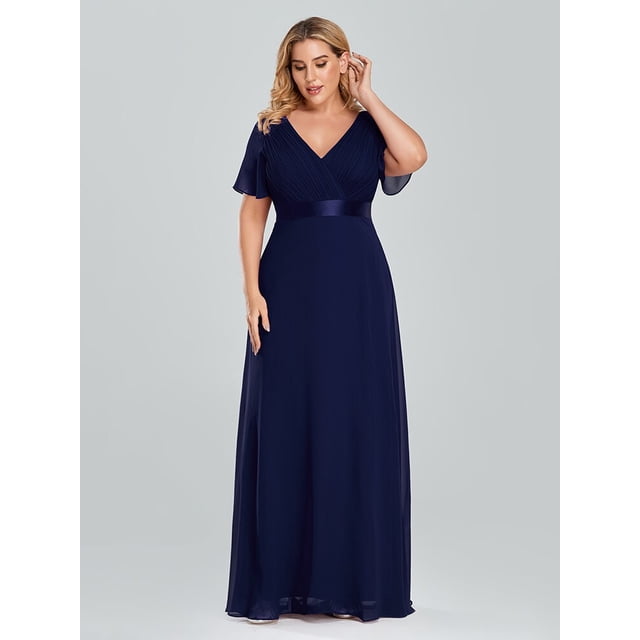 Plus Size Evening Dresses Long Elegant A Line V Neck Ruffles Chiffon Formal Wedding Party Dress Robe De Soiree