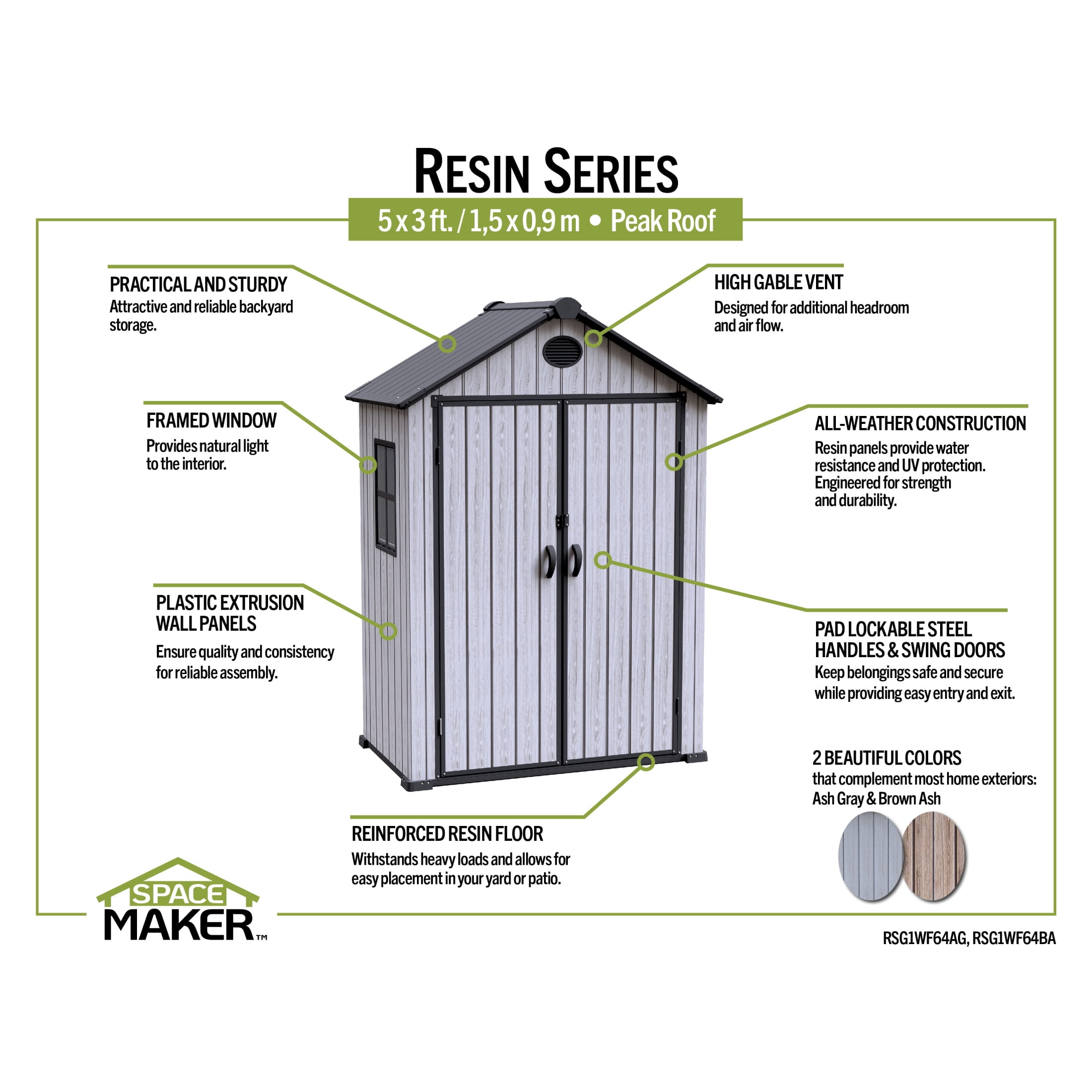 SpaceMaker 5 x 3 x 7 ft Brown Ash Resin Outdoor Storage Shed