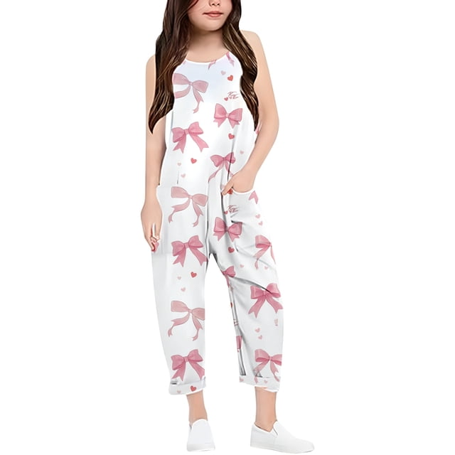 Girls Romper Bow Print Jumpsuits Rompers for Girls Casual V Neck Suspender Rompers with Pockets Girls Outfits Size 11-12 Y