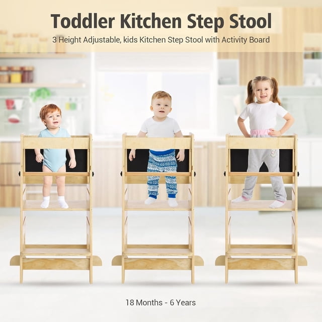 OUYAWEI 3-in-1 Toddler Standing Tower Kitchen Step Stool 150LBS Loading Bearing Adjustable with Anti-Drop Railing Safety Rail Design Wood