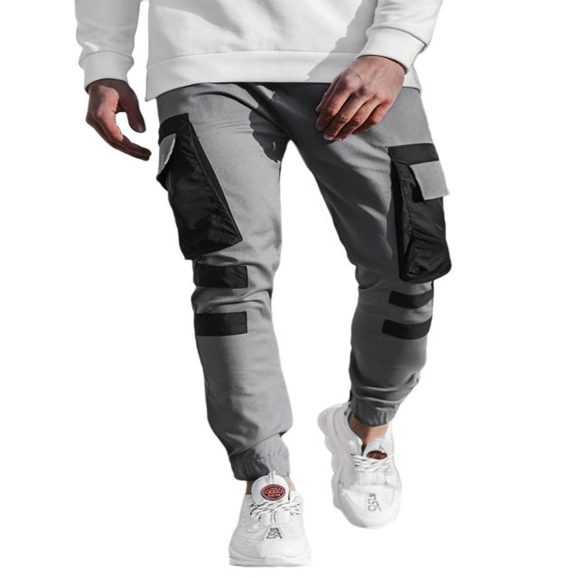 Men‘s Pockets Patchwork Cargo Trousers Color Block Casual Trousers Long Pants