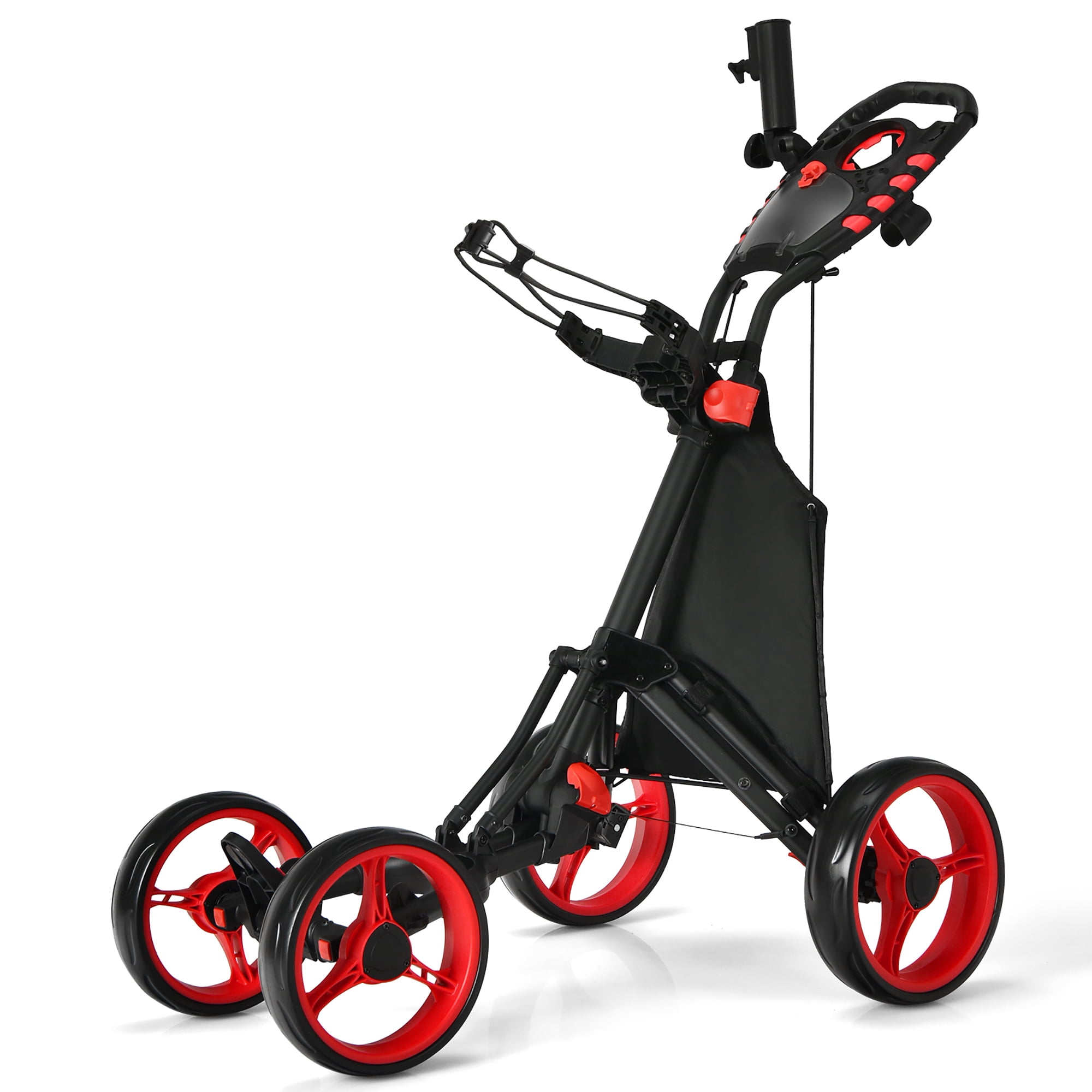 Goplus Chariot de Golf Pliant à 4 Roues avec Sac, Tableau d'Affichage, Poignée Ajustable, Rouge