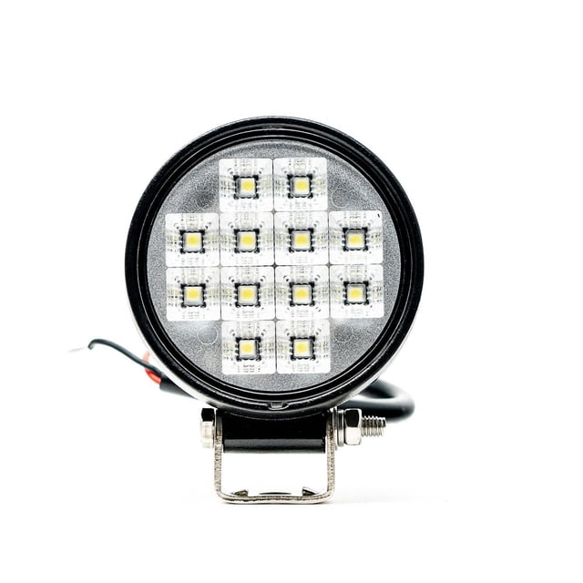 Alpena TREKTEC Lumières DEL pour Nacelle MR12 (Lot de 2) Montrant une Vue Frontale d'Un Lumière Ronde pour Nacelle avec 15 DEL Blanc Éclatant Disposées en Grille à l'Intérieur d'Un Boîtier en Alliage Noir, Montées sur un Support Réglable en Acier Inoxydable avec Câblage visible, Conçues pour l'Éclairage Extérieur Automobile.