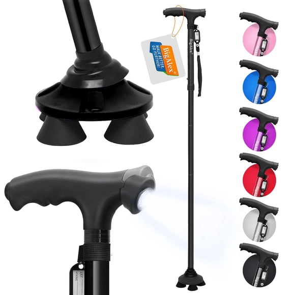 BigAlex Folding Walking Cane with LED Light,Pivoting Quad Base,Adjustable Walking Stick with Carrying Bag for Man/Woman (Alloy Base)