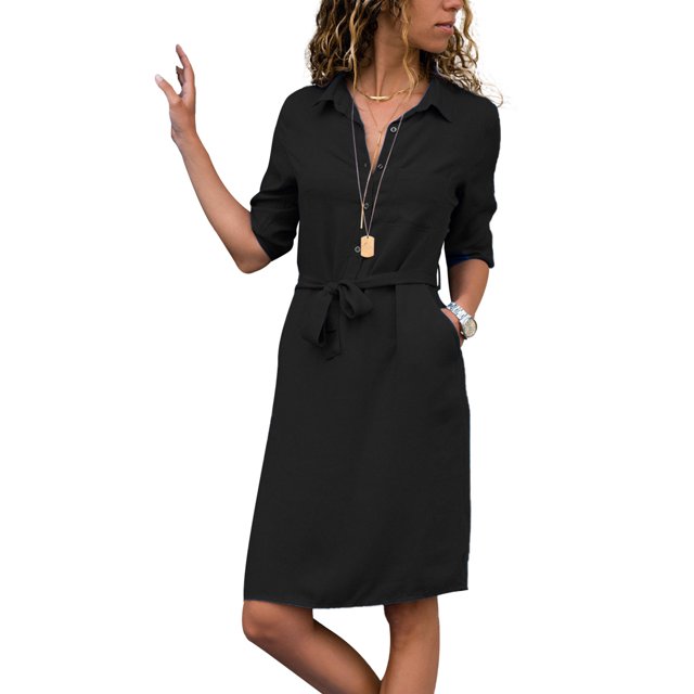 Innerwin Genou Longueur Robes Manches 3/4 Dames Midi Robe de Travail Bouton vers le Bas Baggy Noir M