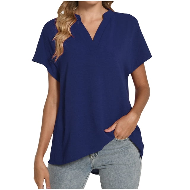Timegard Womens Cotton Linen Tops Short Sleeve V-Neck Solid Color Lightweight Casual Loose Top Basic Tee