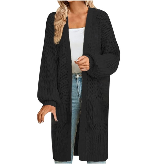 Yuyuzo Womens Plus Size Cardigans Cable Knit Sweater Jackets in XXX-Large, featuring a long sleeve, open front, and V-neck design in a solid black color. Made from soft, breathable material, this cardigan offers a comfortable fit with a bust measurement of 129-145cm, sleeve length of 50cm, and overall length of 107cm. Styled with a casual white top and jeans, it is ideal for layering in all seasons.