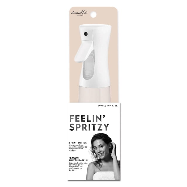 Danielle Creations Continuous Spray Bottle - White with ergonomic trigger and clear reservoir, designed to release a fine, continuous mist for hydrating all hair and skin types, shown in retail packaging with bilingual English and French text, 300 mL (10.14 fl. oz) capacity.