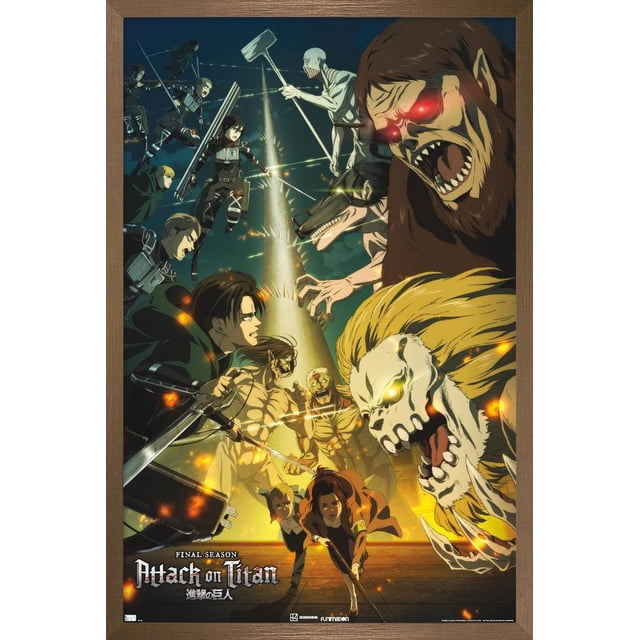 Attack on Titan : Saison 4 - Affiche Murale Key Visual 3 avec Cadre Magnétique, 22,375 Pouces x 34 Pouces Représentant une Scène d'Anime Haute Résolution de titans aux Yeux Lumineux et de Soldats Brandissant des Épées et de l'Équipement de Manœuvre Autour d'Une Haute Tour à Picots. Imprimée sur Papier Brillant avec un Cadre Magnétique en Bois, Idéale pour l'Art Mural, la Déco Maison, les Dortoirs Ou les Bureaux.