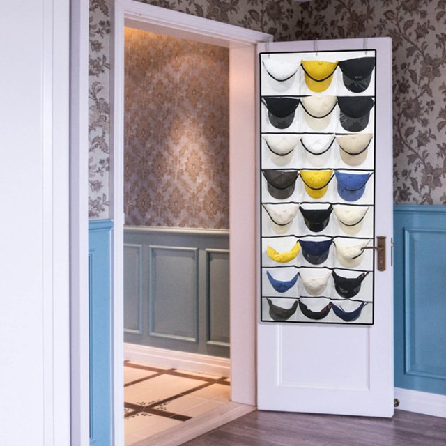 TopLLC Storage Bins 24 Pockets Hat Rack For Baseball Caps, Baseball Hat Organizer For Wall/Over The Door, Caps Hat Holder Hanger For Closet With Large Clear Pockets & 3 Hooks, Hat Storage Bags