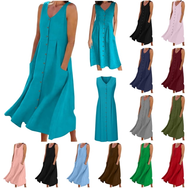 BiZtdJrK Robe Débardeur Bohème pour Femmes Été Sans Manches en Lin Robe de Plage Unie Col Ras du Cou Plissée Décontractée Robes d'Été avec Poches, Noir, P