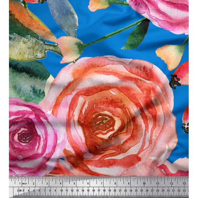 Soimoi Poly Georgette Fabric Leaves & Rose Flower Printed Fabric 1 Yard 42 Inch Wide