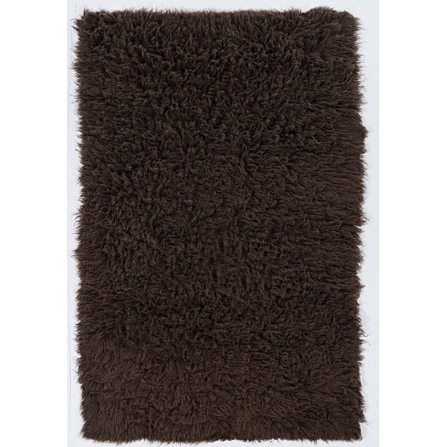 Cocoa-colored Flokati accent rug measuring 3'6" x 5'6" with a dense, soft pile weighing 1400 grams.
