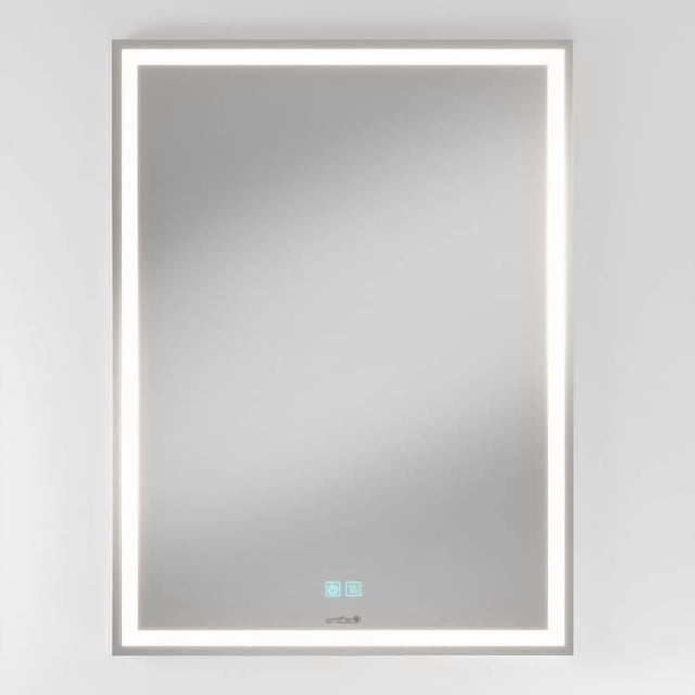 Artika Aurea Miroir Mural à DEL Antibuée 24x32 de Forme Rectangulaire avec Cadre à DEL Éclairé par Bord Émettant une Lumière Blanc Éclatant, avec des Icônes de Luminosité à Commande Tactile au Centre Inférieur, Conçu pour la Déco de Salle de Bain avec Technologie Antibuée, Monté sur un Mur Blanc Uni.