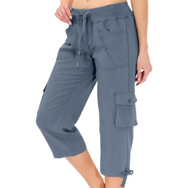 Womens Lightweight Capris Pants New Cargo Capris for Women Drawstring High Waisted Hiking Cropped Pants with Pockets Summer Travel Trousers Blue S