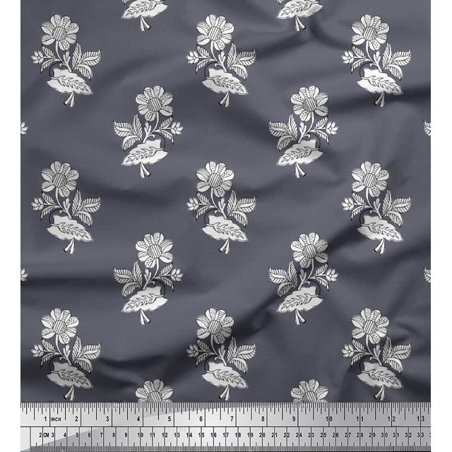 Soimoi Modal Satin Fabric Leaves & Floral Block Printed Craft Fabric by The Yard 42 Inch Wide