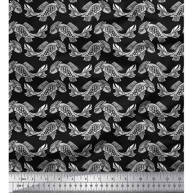 Soimoi Polyester Crepe Fabric Fish Block Printed Craft Fabric by The Yard 42 Inch Wide